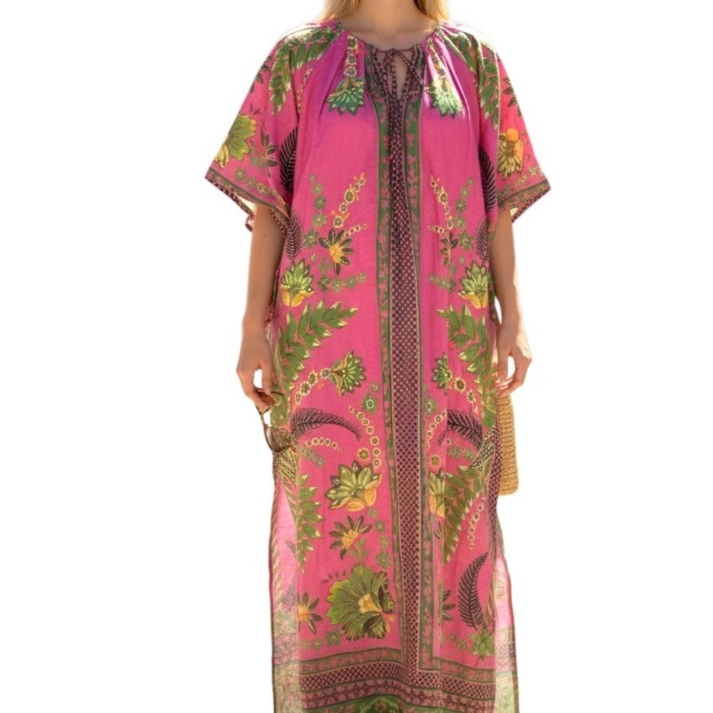 Farm Rio NWT SZ Sm Ana Tie Front Pink Floral Linen Blend Kaftan Midi Dress - Picture 5 of 16